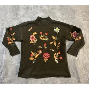 Cliché Olive Green Floral Embroidered Sweater Women’s Small Mock Neck Boho